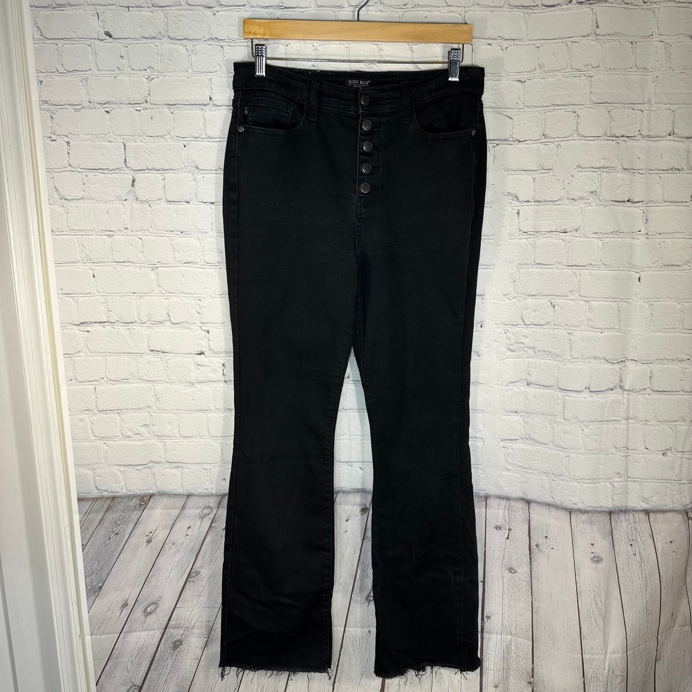 Judy Blue High Rise Bootcut Jeans Black Button Fly Raw Hem JB82570BK Size 13/31